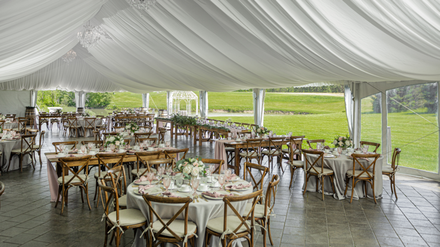 Tables set for a wedding reception in Niagara, Canada.